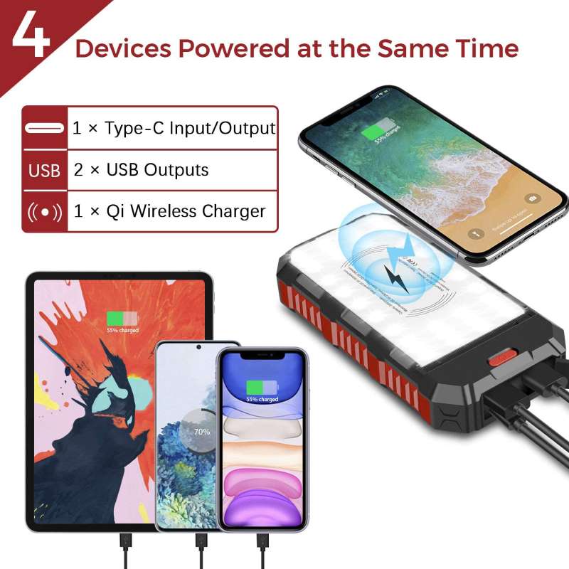 Solar Charger Power Bank 30000Mah Qi Wireless Charger USB Type C Inputs 5V3A Output External Battery Pack IP65 Waterproof - HDL528