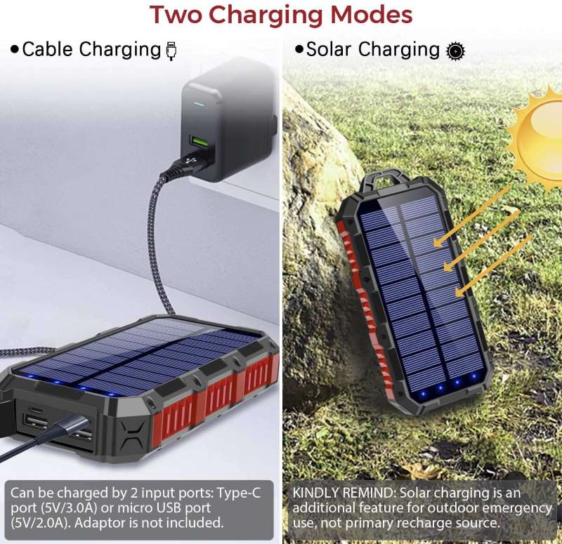 Solar Charger Power Bank 30000Mah Qi Wireless Charger USB Type C Inputs 5V3A Output External Battery Pack IP65 Waterproof - HDL528