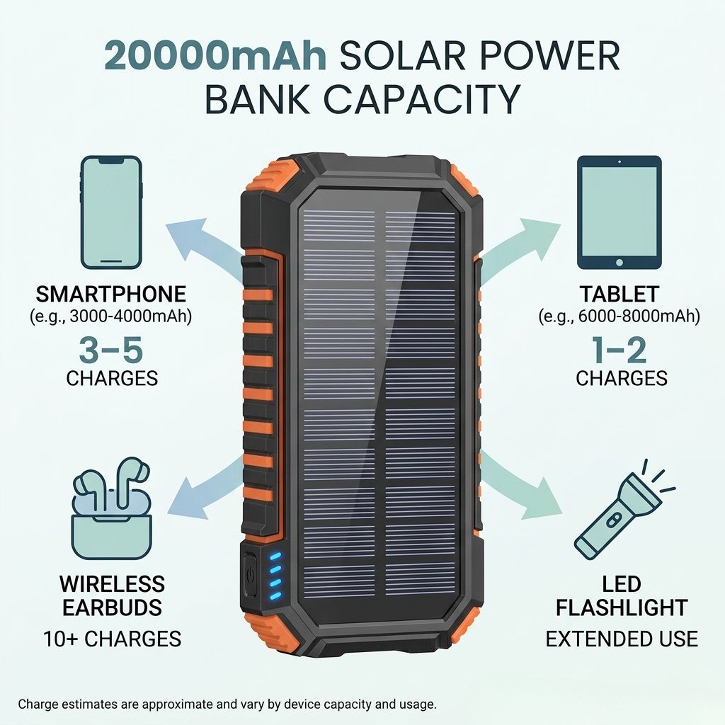 20000mah solar power bank capacity device charges.