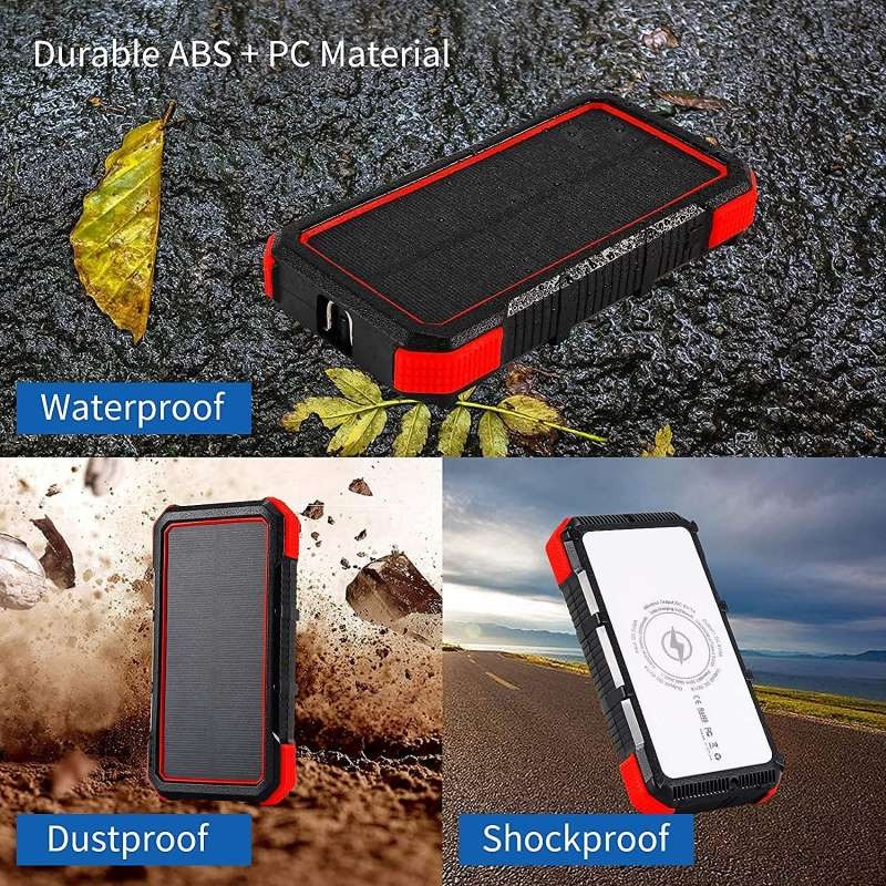 20000mah solar power bank features ports led waterproof.
