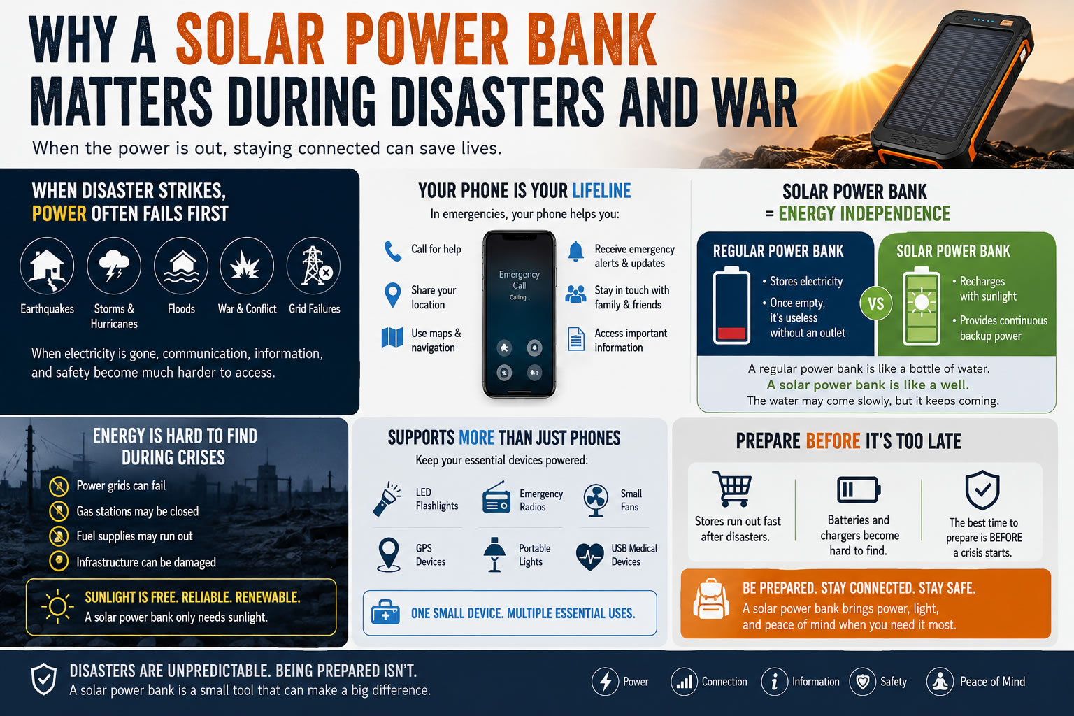infographic solar power bank for disaster and war emergency preparedness