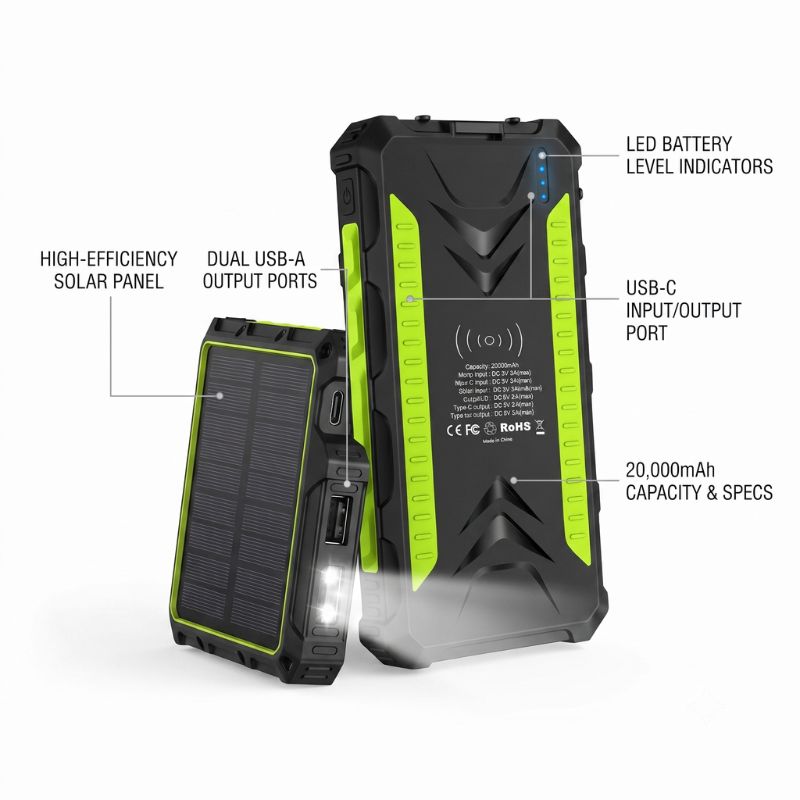 solar power bank battery charger specs.